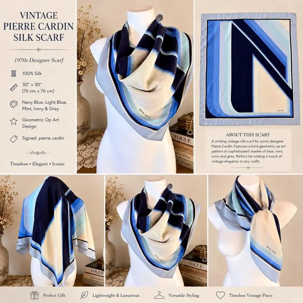 Vintage Pierre Cardin Silk Scarf 30” Navy Blue Geometric Op Art 1970s Designer